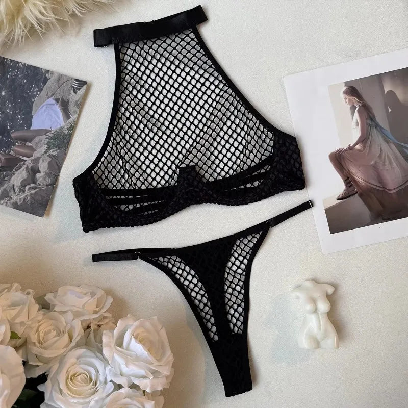 Intimates Lingerie Sets Tank Thong 2PC Seductive Hollow Fishnet Party Outfit Girl Backless Underwear