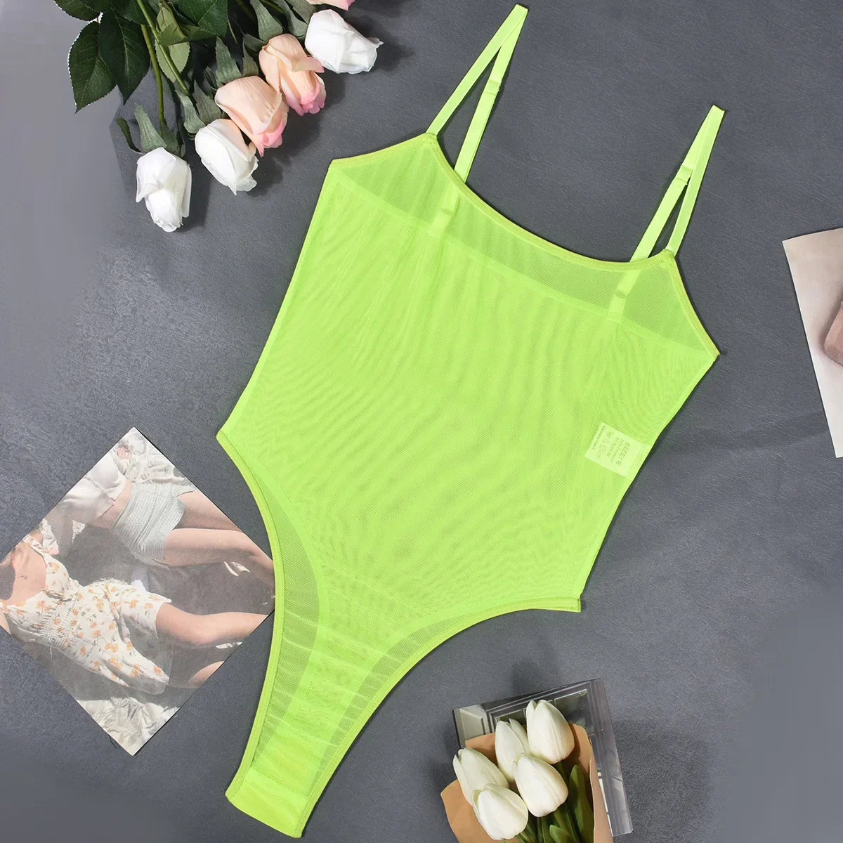 Lace Sheer Mesh One Piece Bright Body Solid Crotchless Sissy Naked Tight Fitting Teddy Lingerie