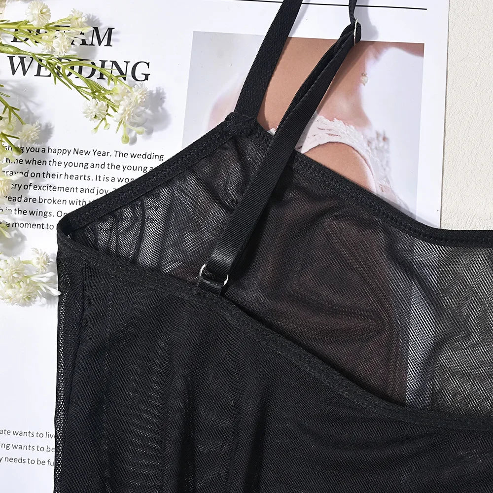 Lace Sheer Mesh One Piece Bright Body Solid Crotchless Sissy Naked Tight Fitting Teddy Lingerie