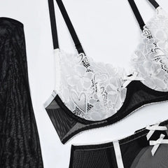 Lace Bra Set 5-Piece Lingerie Set Stockings Floral Bra Panty Kit Erotic Intimates