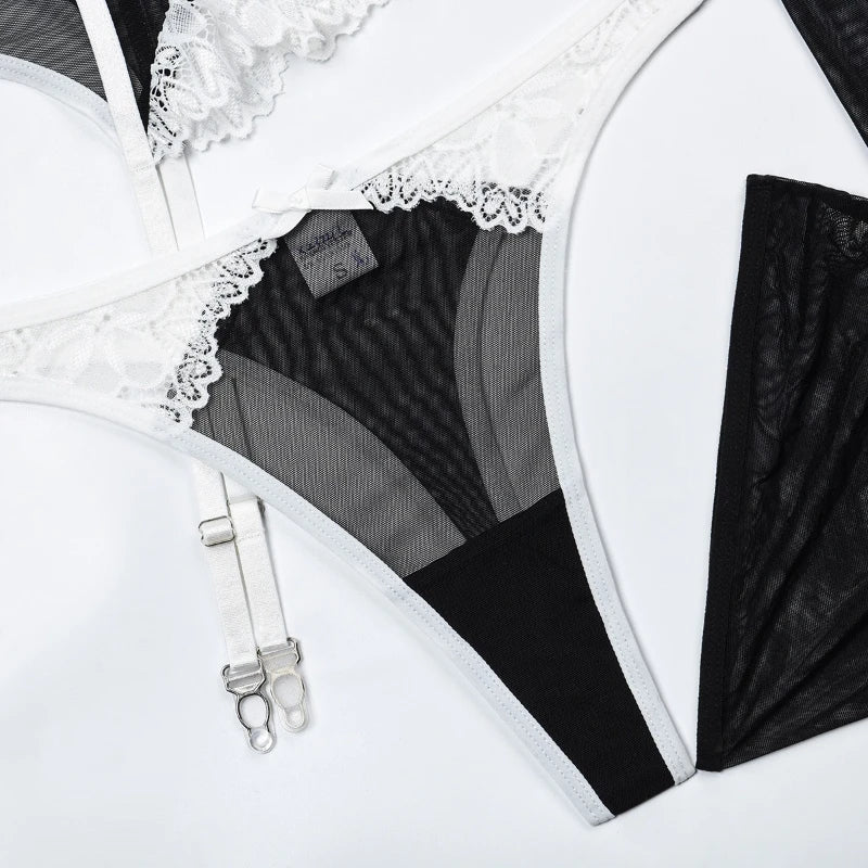 Lace Bra Set 5-Piece Lingerie Set Stockings Floral Bra Panty Kit Erotic Intimates