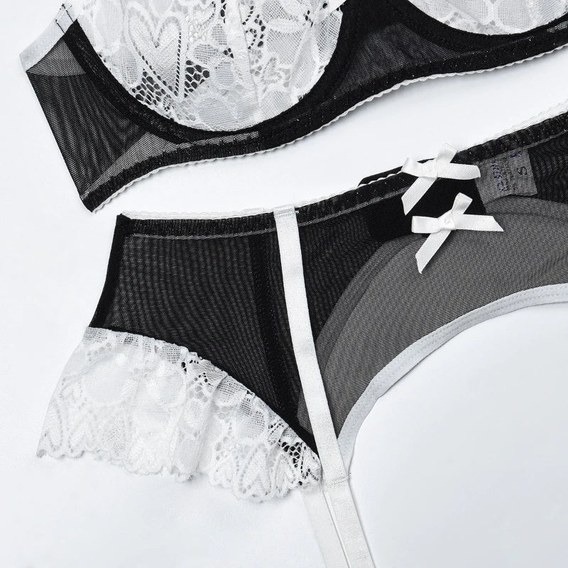 Lace Bra Set 5-Piece Lingerie Set Stockings Floral Bra Panty Kit Erotic Intimates