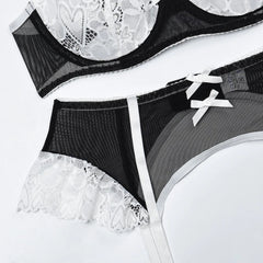 Lace Bra Set 5-Piece Lingerie Set Stockings Floral Bra Panty Kit Erotic Intimates