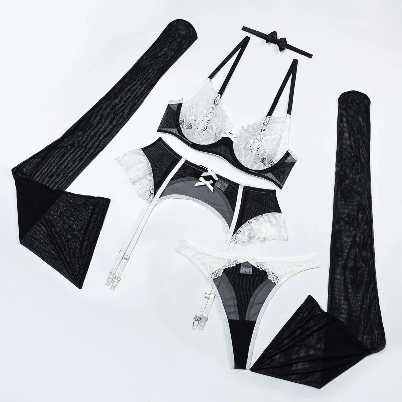 Lace Bra Set 5-Piece Lingerie Set Stockings Floral Bra Panty Kit Erotic Intimates