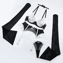 Lace Bra Set 5-Piece Lingerie Set Stockings Floral Bra Panty Kit Erotic Intimates