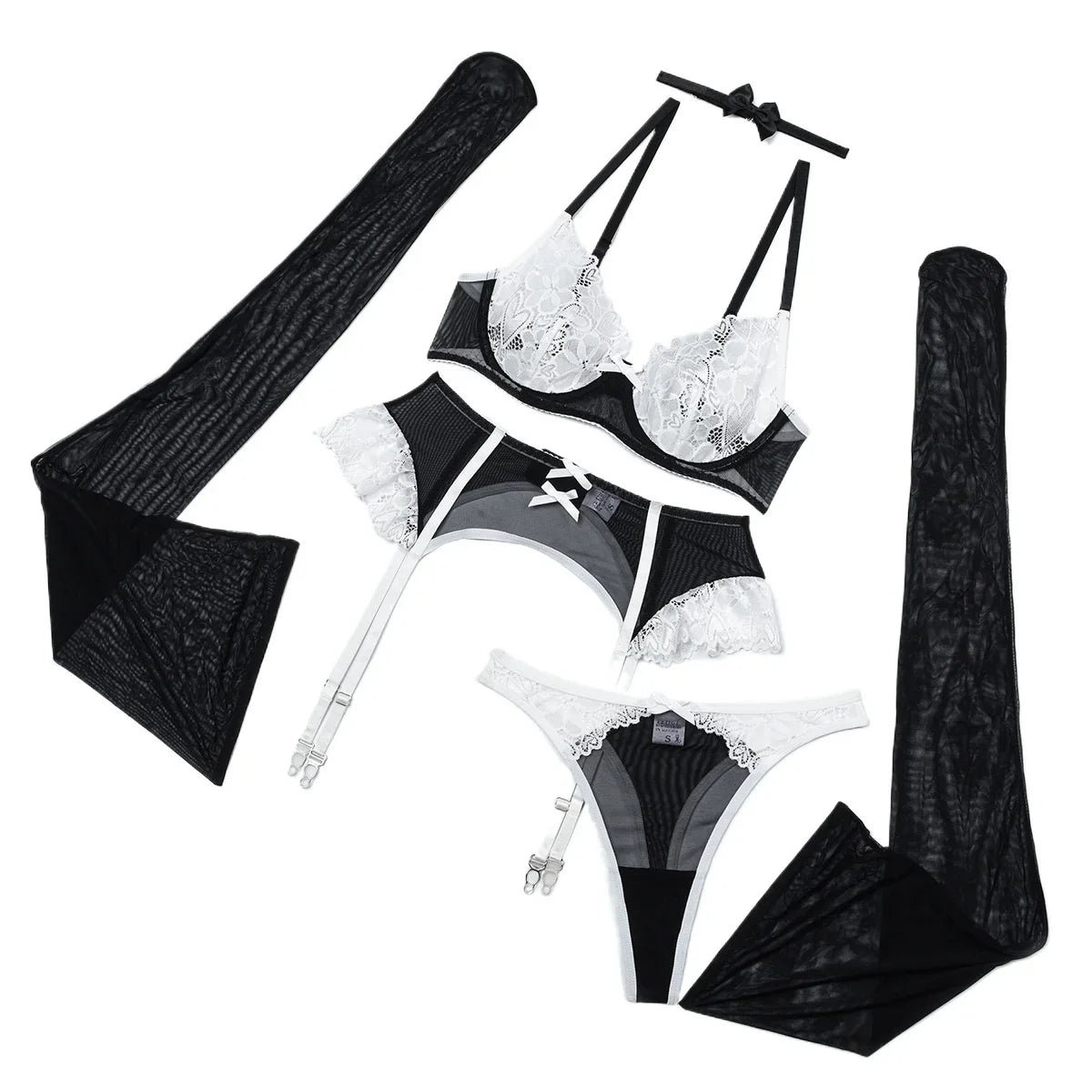 Lace Bra Set 5-Piece Lingerie Set Stockings Floral Bra Panty Kit Erotic Intimates