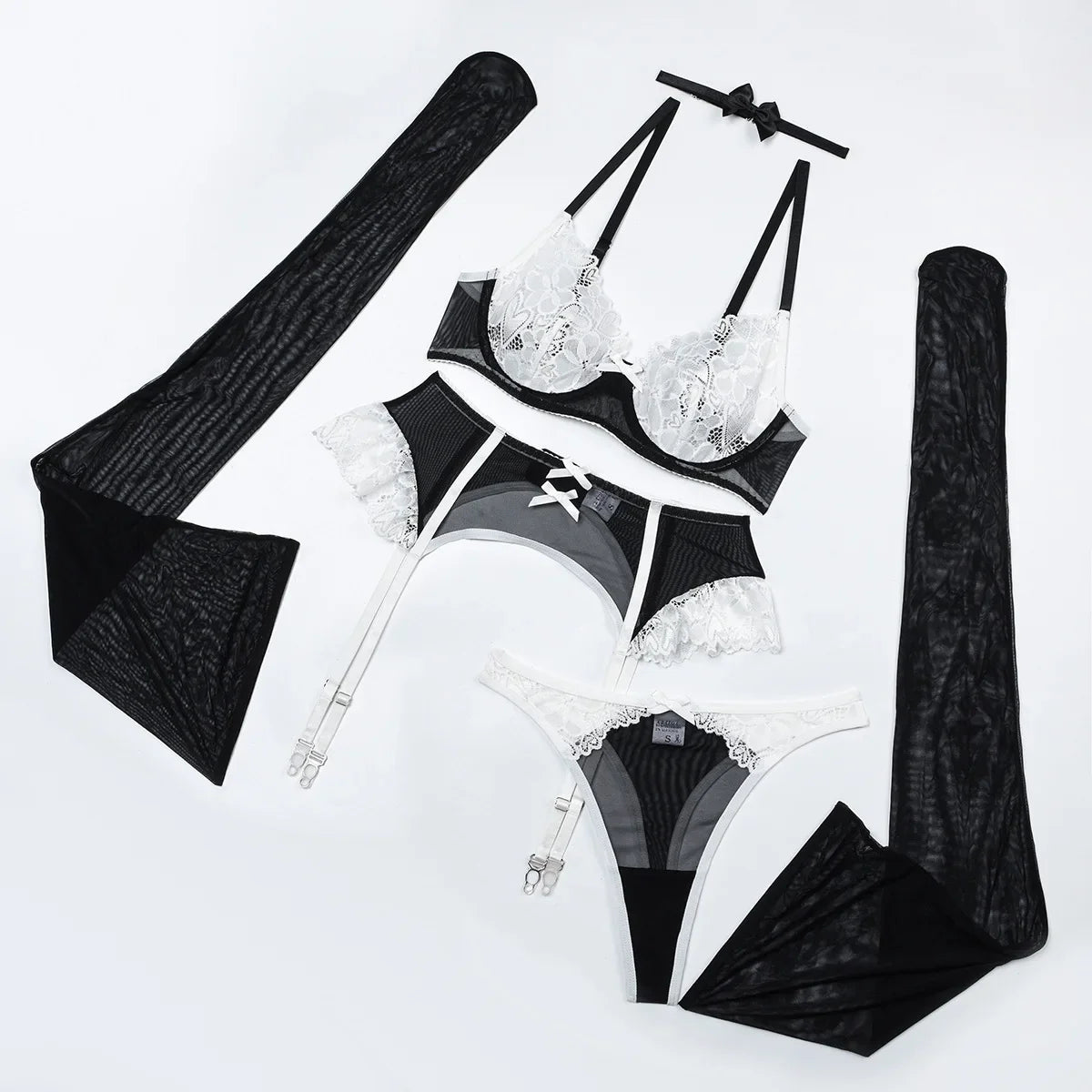 Lace Bra Set 5-Piece Lingerie Set Stockings Floral Bra Panty Kit Erotic Intimates