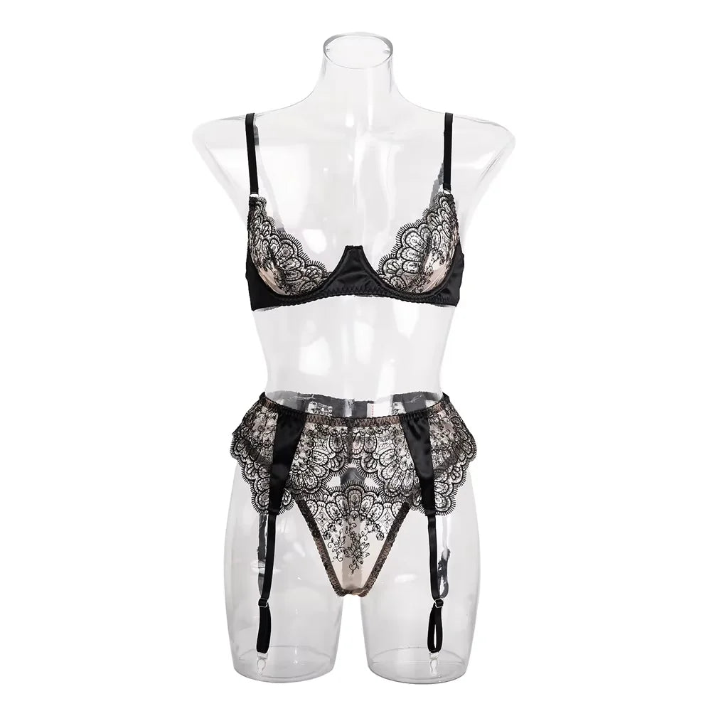 Lace Lingerie Set Attractive Chest Suspenders Ensemble Lingeries Delicate Embroidered See Through Underwear