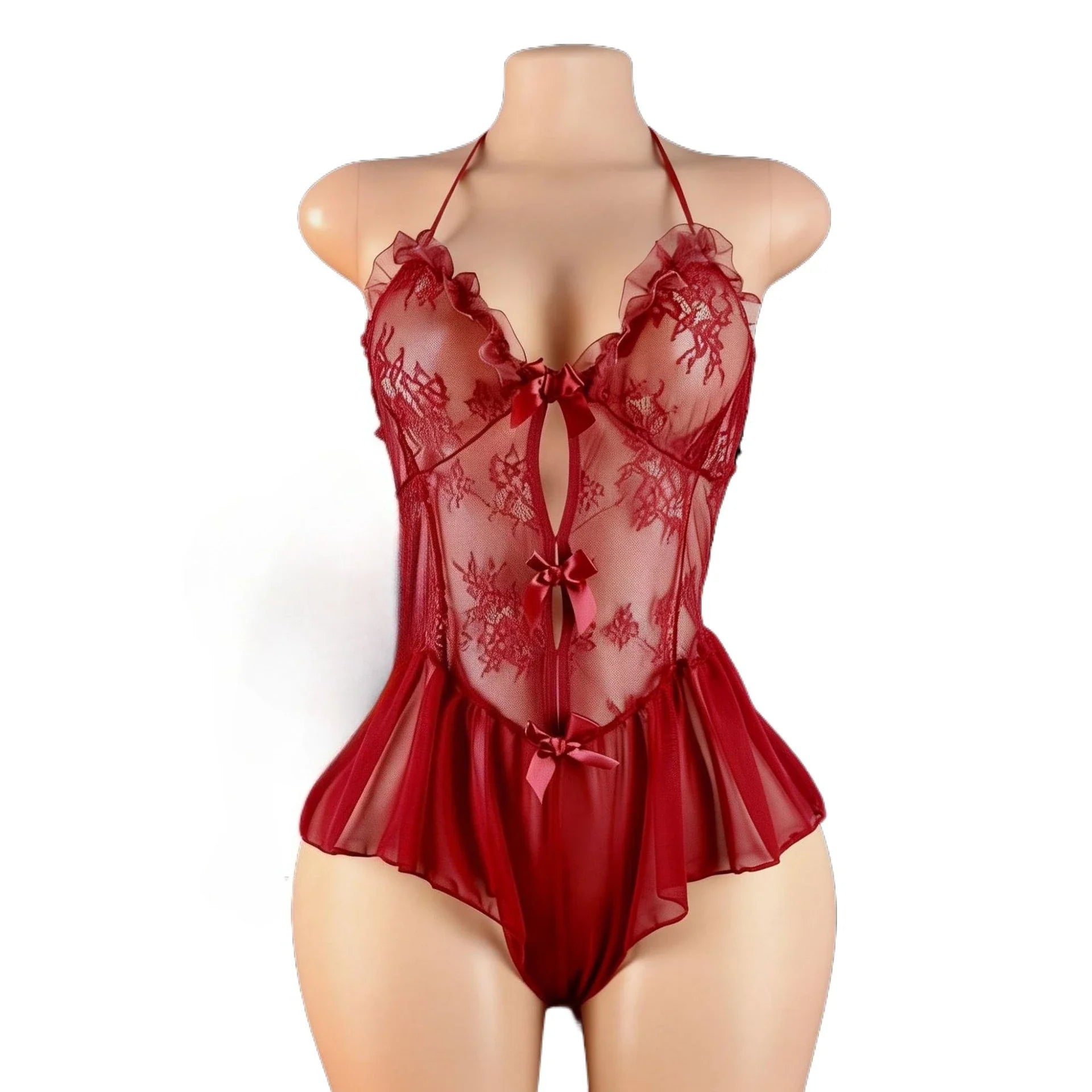 Lace Sheer See Through Sling Underwear Teddy Halter Backless Cross Strap Spaghetti Hollow Out Red Set