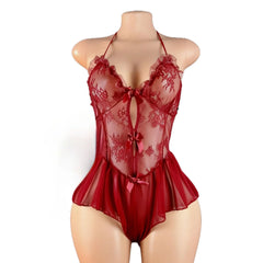 Lace Sheer See Through Sling Underwear Teddy Halter Backless Cross Strap Spaghetti Hollow Out Red Set
