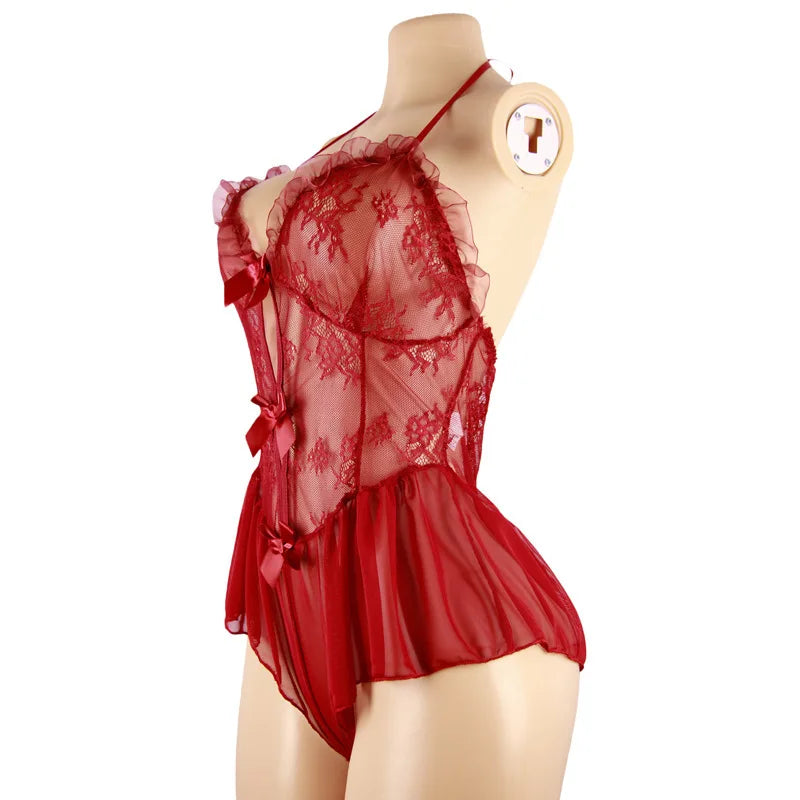 Lace Sheer See Through Sling Underwear Teddy Halter Backless Cross Strap Spaghetti Hollow Out Red Set