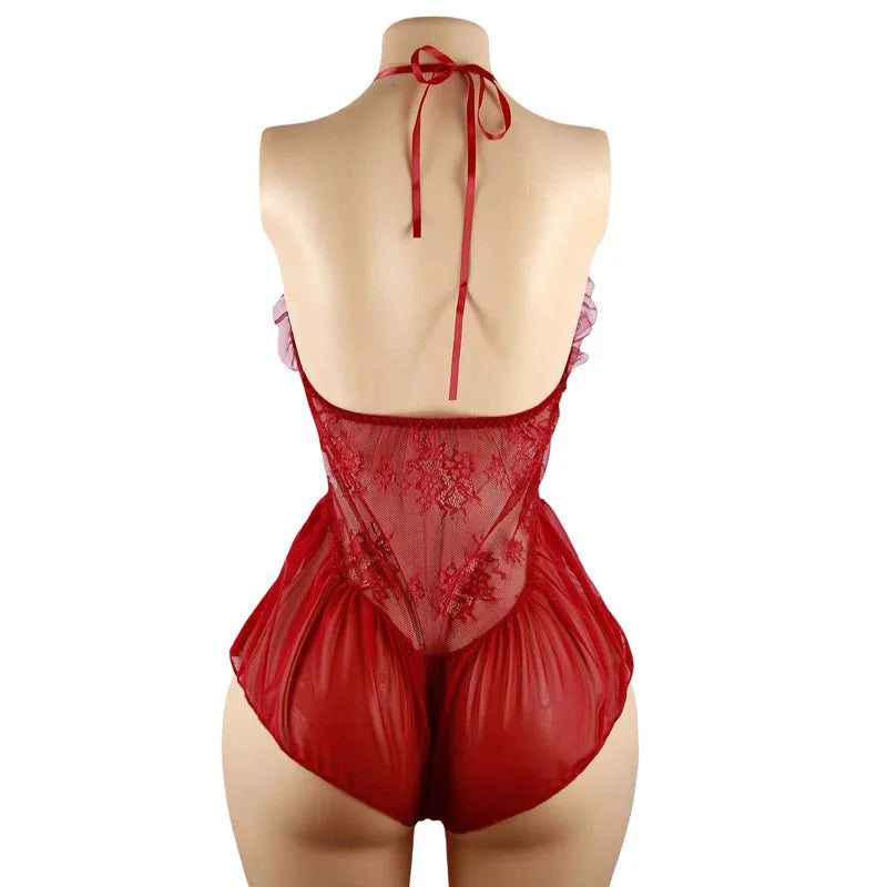 Lace Sheer See Through Sling Underwear Teddy Halter Backless Cross Strap Spaghetti Hollow Out Red Set
