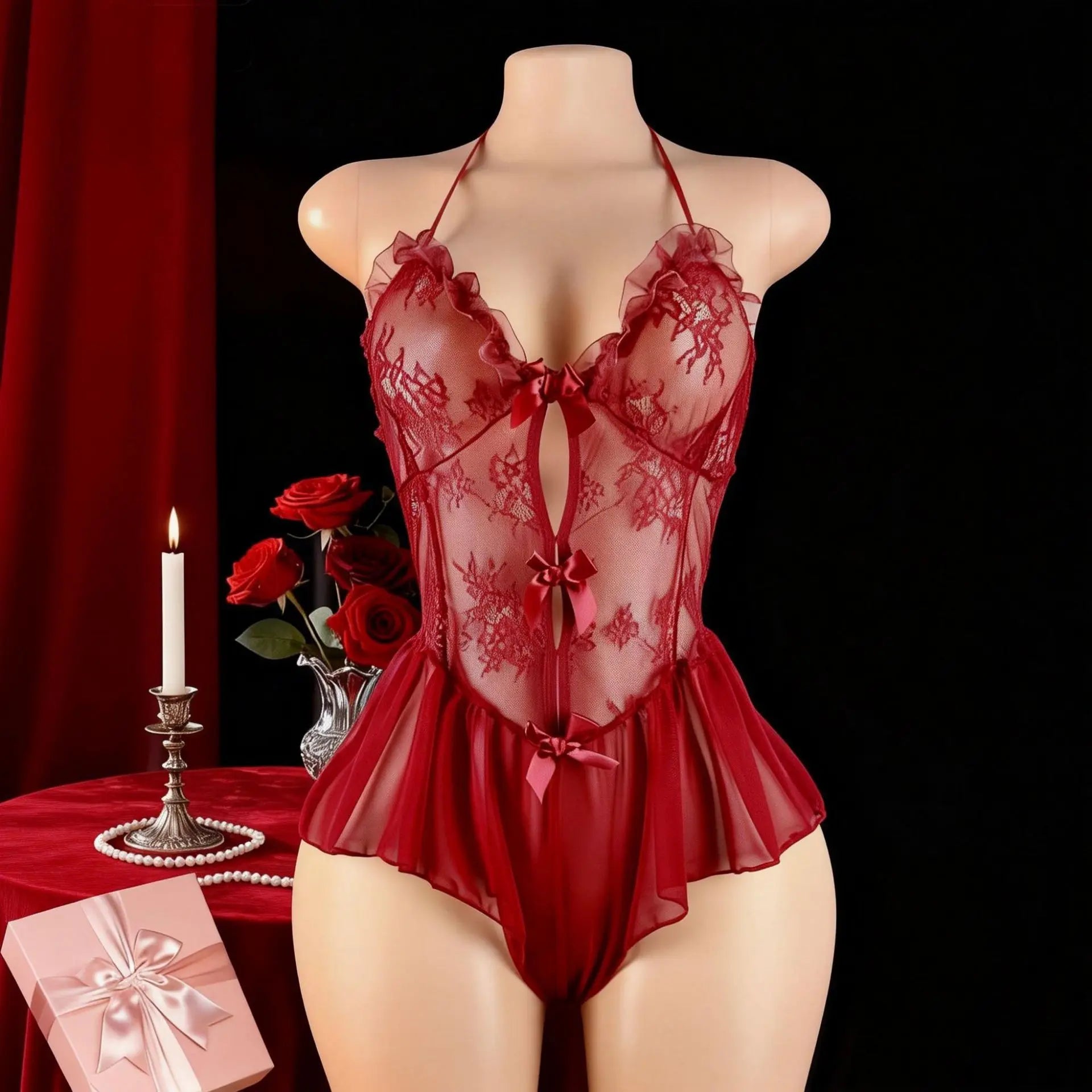 Lace Sheer See Through Sling Underwear Teddy Halter Backless Cross Strap Spaghetti Hollow Out Red Set
