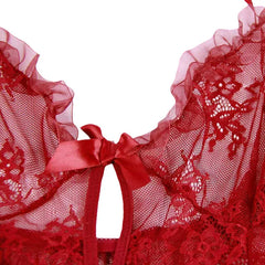 Lace Sheer See Through Sling Underwear Teddy Halter Backless Cross Strap Spaghetti Hollow Out Red Set