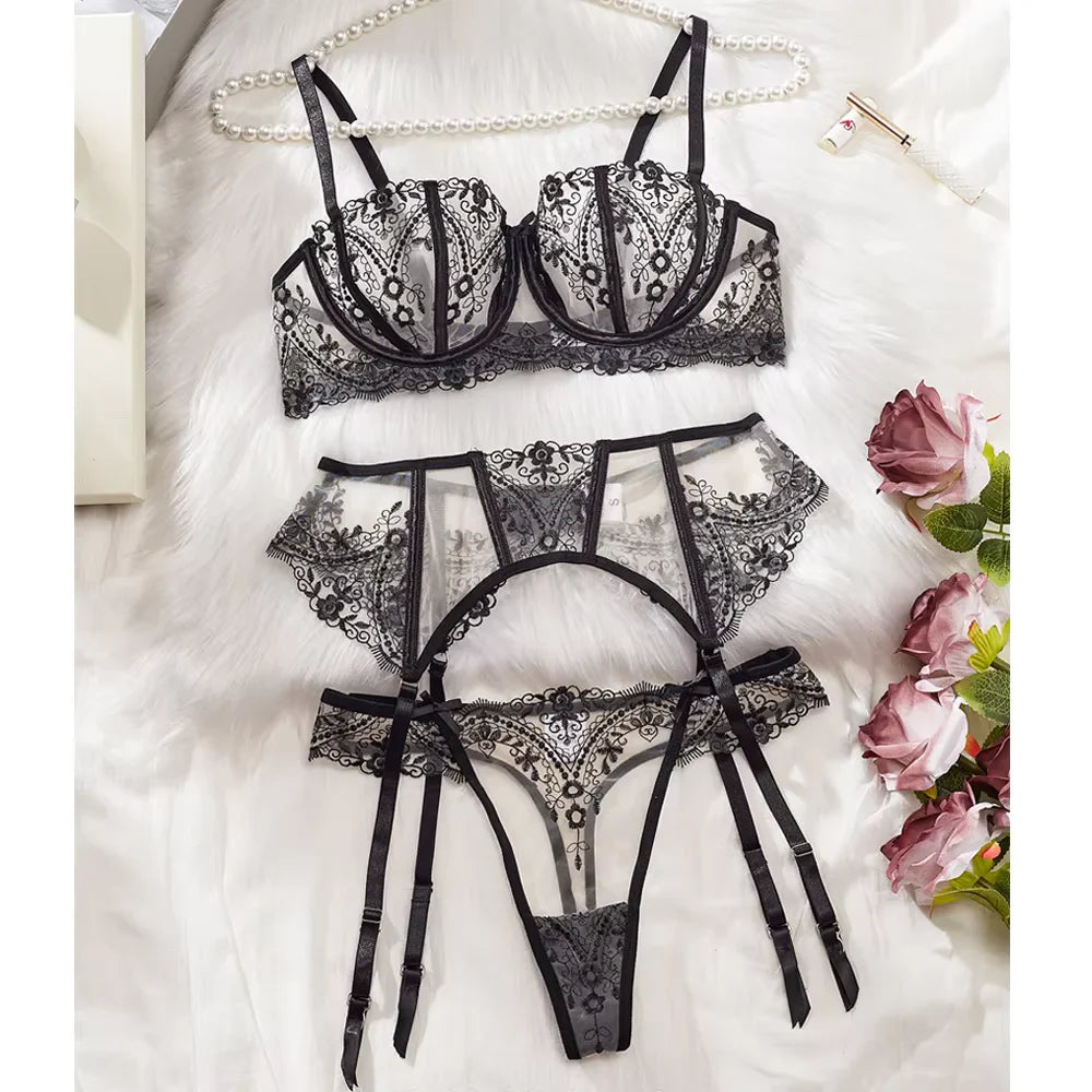 High-end Temperament Style Floral Embroidery Transparent Mesh Temptation Lingerie Set Erotic