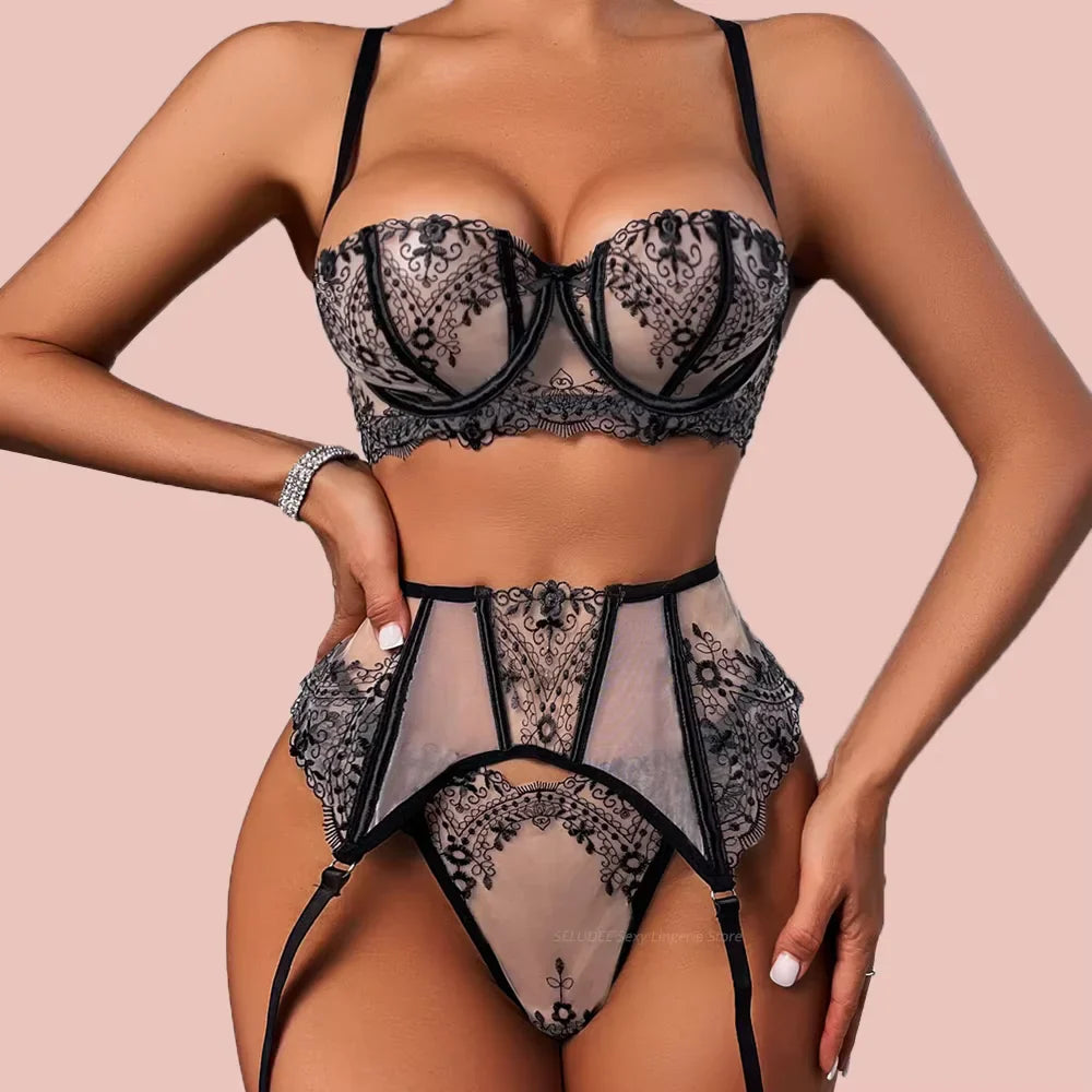 High-end Temperament Style Floral Embroidery Transparent Mesh Temptation Lingerie Set Erotic