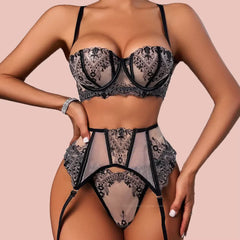 High-end Temperament Style Floral Embroidery Transparent Mesh Temptation Lingerie Set Erotic