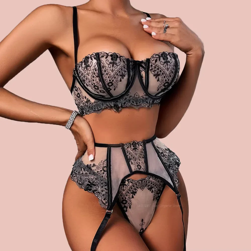 High-end Temperament Style Floral Embroidery Transparent Mesh Temptation Lingerie Set Erotic