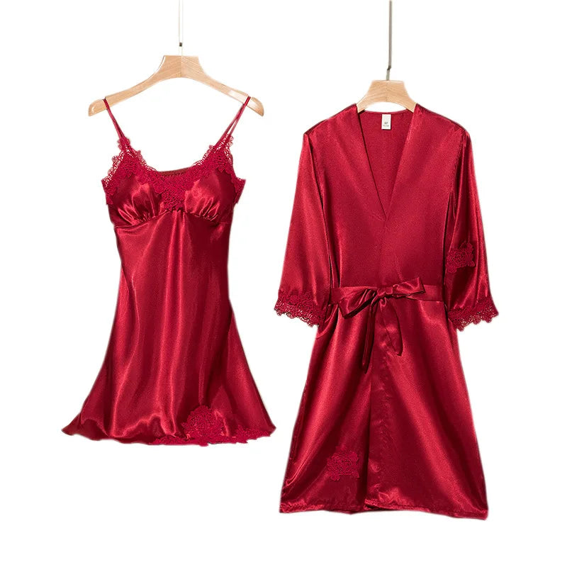 Spring Summer Ice Silk Pajama Set Camisole Nightdress with Robe Soft Comfortable Bathrobe Loungewear