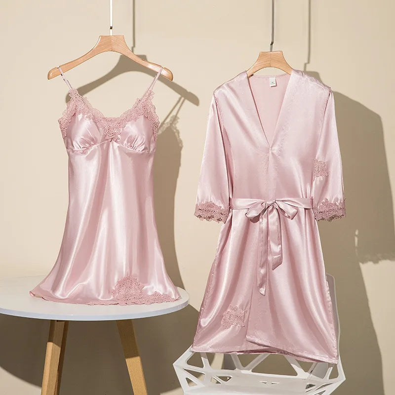 Spring Summer Ice Silk Pajama Set Camisole Nightdress with Robe Soft Comfortable Bathrobe Loungewear