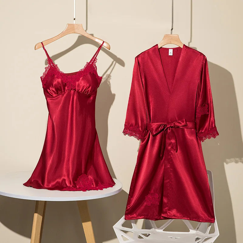 Spring Summer Ice Silk Pajama Set Camisole Nightdress with Robe Soft Comfortable Bathrobe Loungewear