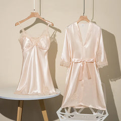 Spring Summer Ice Silk Pajama Set Camisole Nightdress with Robe Soft Comfortable Bathrobe Loungewear