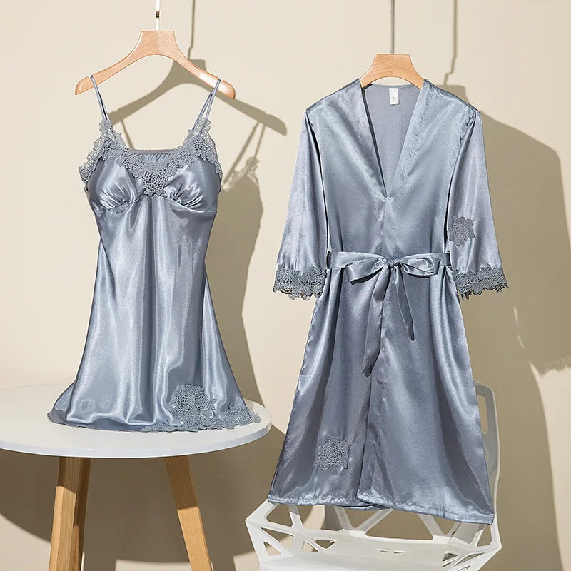 Spring Summer Ice Silk Pajama Set Camisole Nightdress with Robe Soft Comfortable Bathrobe Loungewear