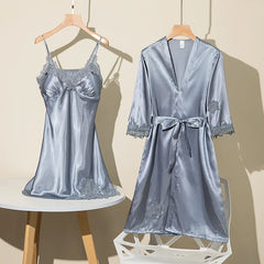 Spring Summer Ice Silk Pajama Set Camisole Nightdress with Robe Soft Comfortable Bathrobe Loungewear