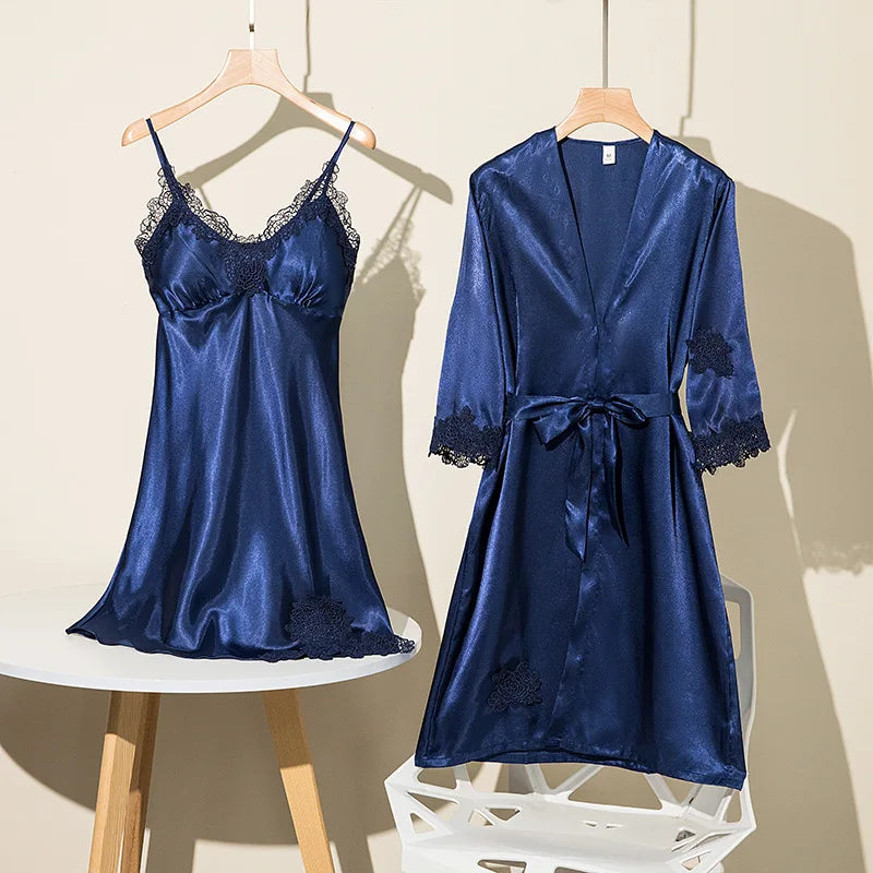 Spring Summer Ice Silk Pajama Set Camisole Nightdress with Robe Soft Comfortable Bathrobe Loungewear