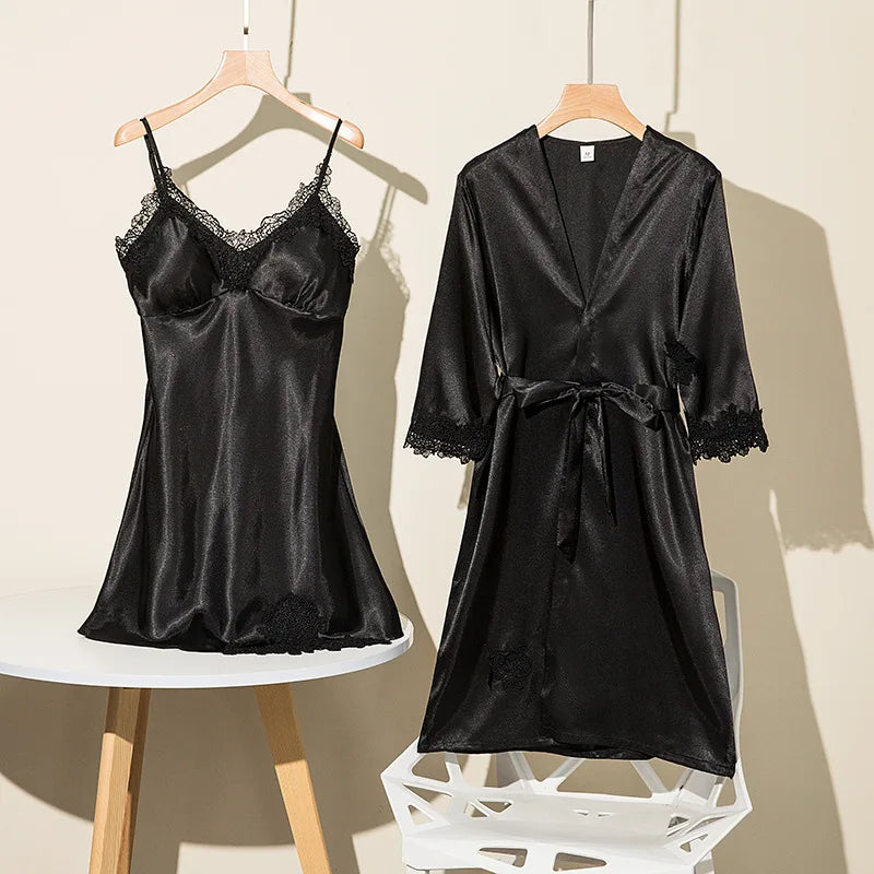 Spring Summer Ice Silk Pajama Set Camisole Nightdress with Robe Soft Comfortable Bathrobe Loungewear