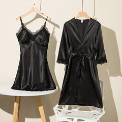 Spring Summer Ice Silk Pajama Set Camisole Nightdress with Robe Soft Comfortable Bathrobe Loungewear