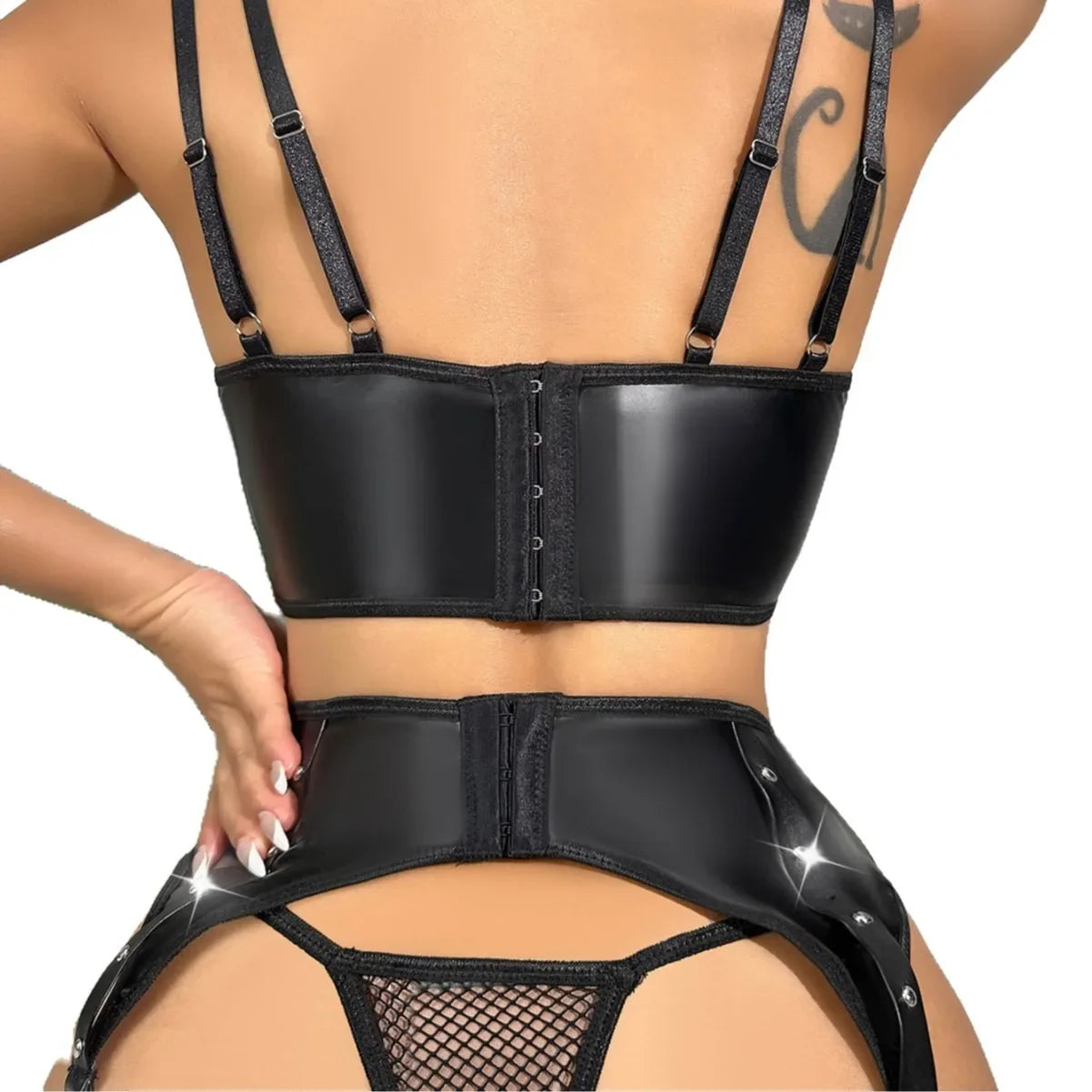 Latex Lingerie Set PU Leather Mesh Spliced Bustier Bra and Panties Underwear Fetish Temptation Erotic Bra 3pcs Sets