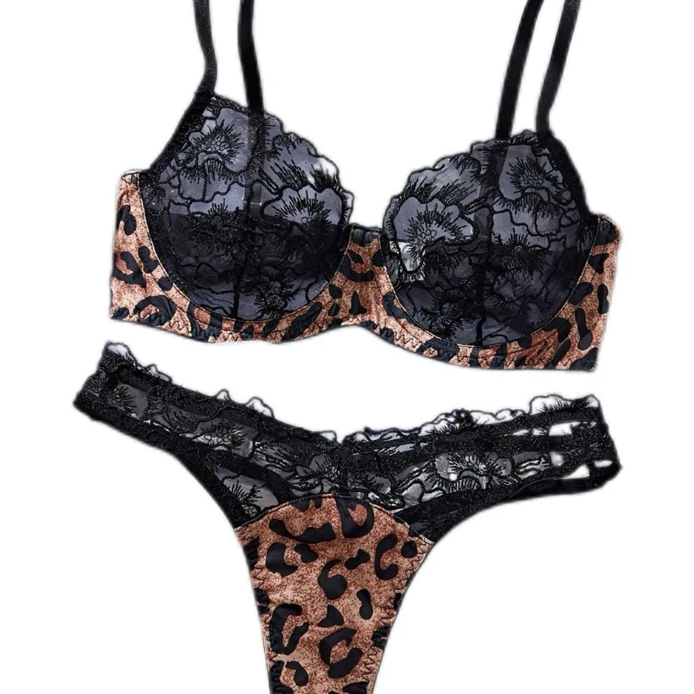 Leopard Contrast Color Westerns French Erotic Bra Lingerie Sets See Through