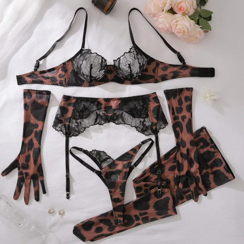 Leopard Exotic Costumes Lingerie Sets Ultra Lace Patchwork with Gloves Stocking Underwear