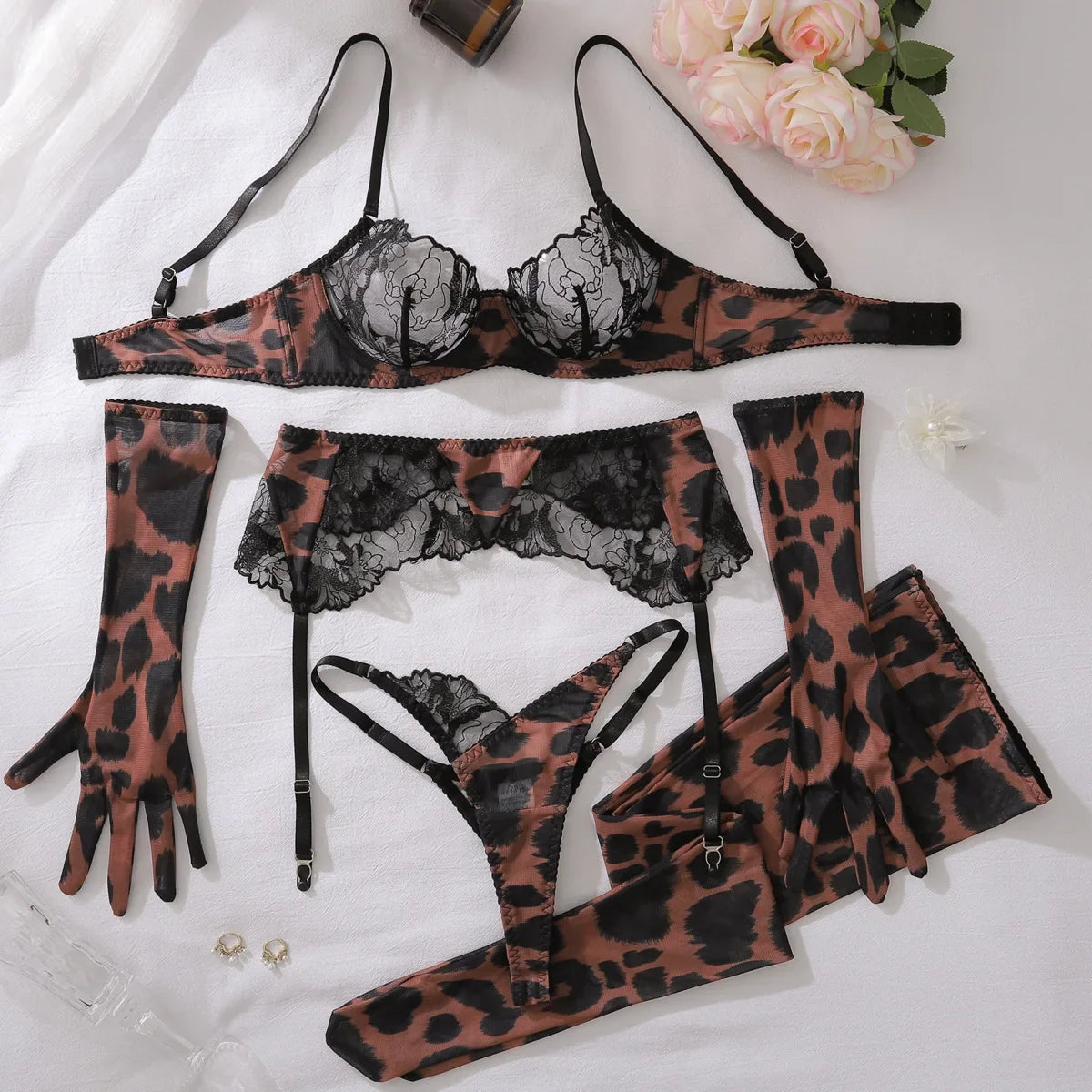 Leopard Exotic Costumes Lingerie Sets Ultra Lace Patchwork with Gloves Stocking Underwear