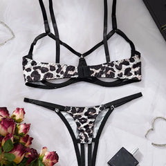 Leopard Print Hollow Outs Webbing Patchwork Three Point Bra Panty