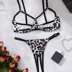 Leopard Print Hollow Outs Webbing Patchwork Three Point Bra Panty