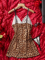Leopard Print Underwear Nightdress Teddy Suspender Night Dress Silm Erotic Babydoll Lingerie With Thong Sets