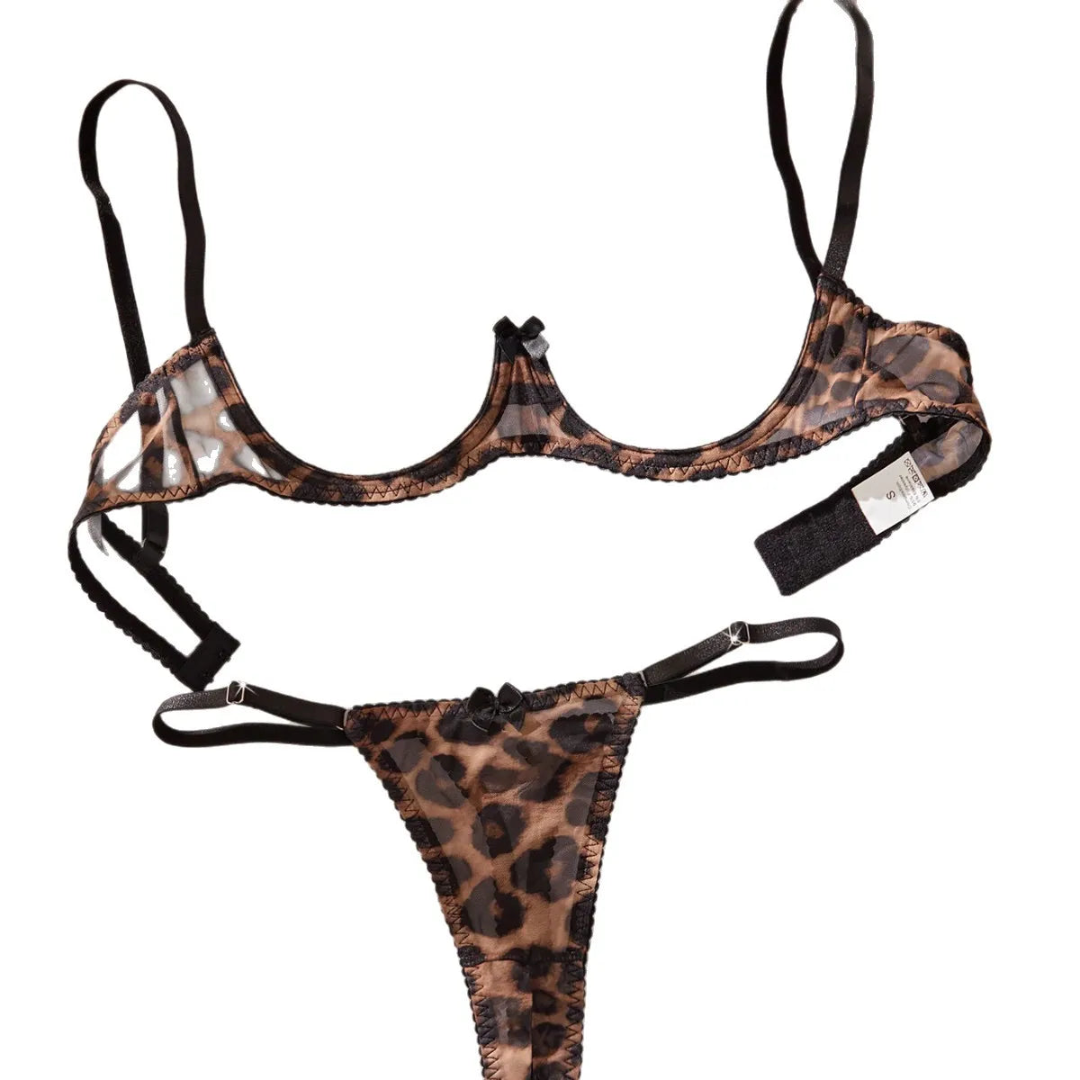Leopard Three Points Bra Crotchless Open Panty See Through