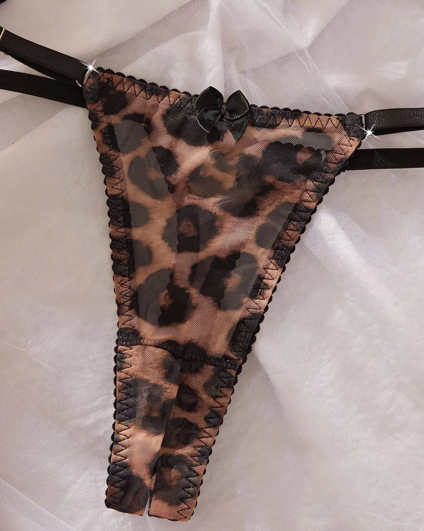 Leopard Three Points Bra Crotchless Open Panty See Through