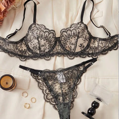 LingerieWestern See Through Mesh Embroidery Bra Pantys Black Floral Flowers Pattern Exquisite Charming Lingerie Set