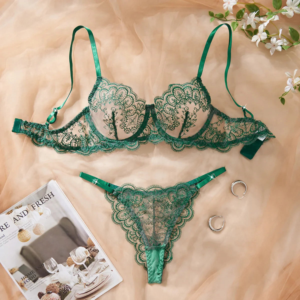 LingerieWestern See Through Mesh Embroidery Bra Pantys Black Floral Flowers Pattern Exquisite Charming Lingerie Set