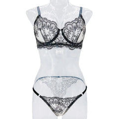 LingerieWestern See Through Mesh Embroidery Bra Pantys Black Floral Flowers Pattern Exquisite Charming Lingerie Set