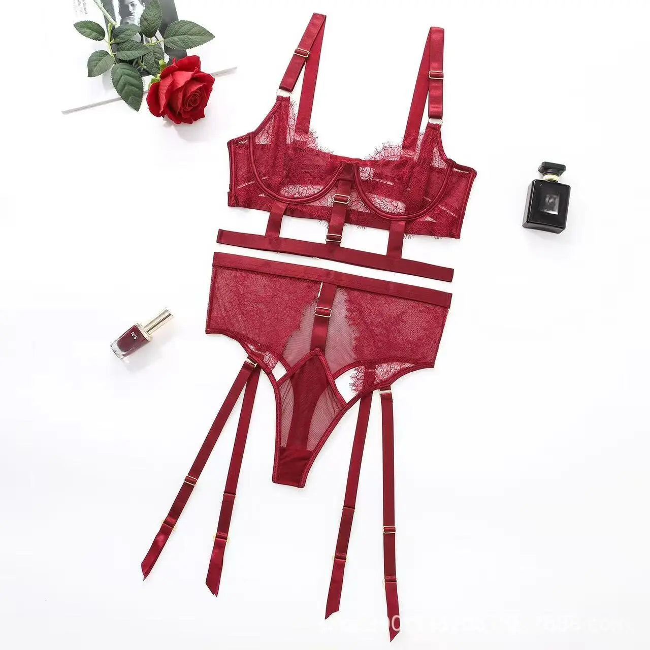 Flower Embroidery Lingerie 2 Pcs Sets Mesh Transparent Metal Buckle Bra and Thong Erotic Sets Perspective Hollow