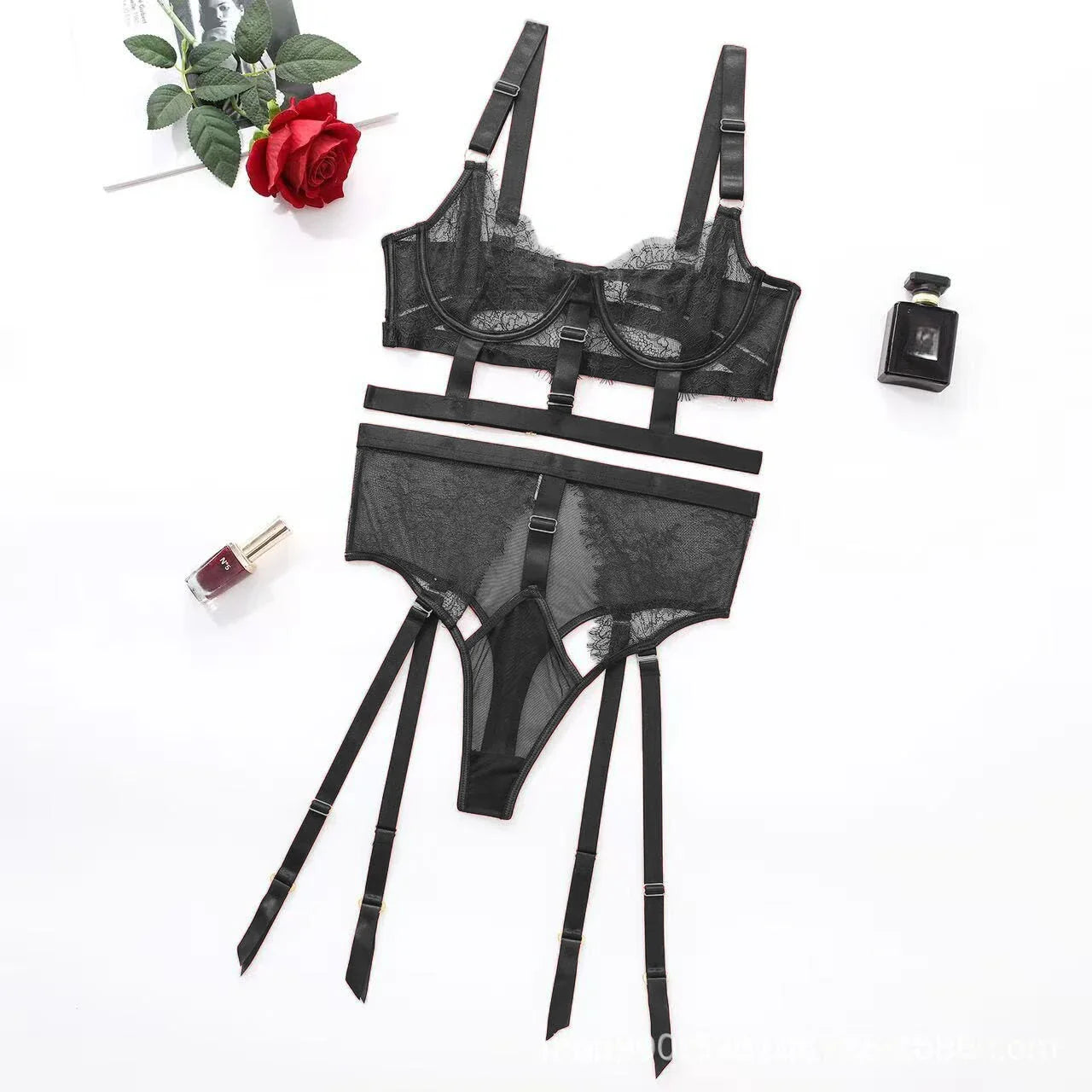 Flower Embroidery Lingerie 2 Pcs Sets Mesh Transparent Metal Buckle Bra and Thong Erotic Sets Perspective Hollow