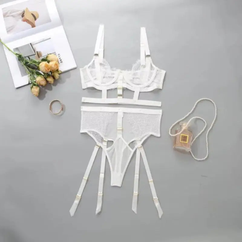 Flower Embroidery Lingerie 2 Pcs Sets Mesh Transparent Metal Buckle Bra and Thong Erotic Sets Perspective Hollow