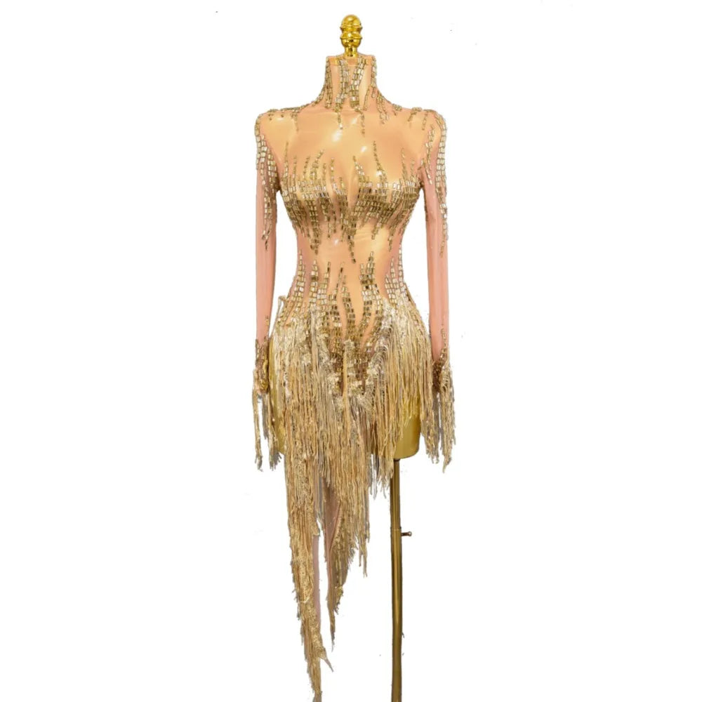 Golden Silver Rhinestone Tassel Dress