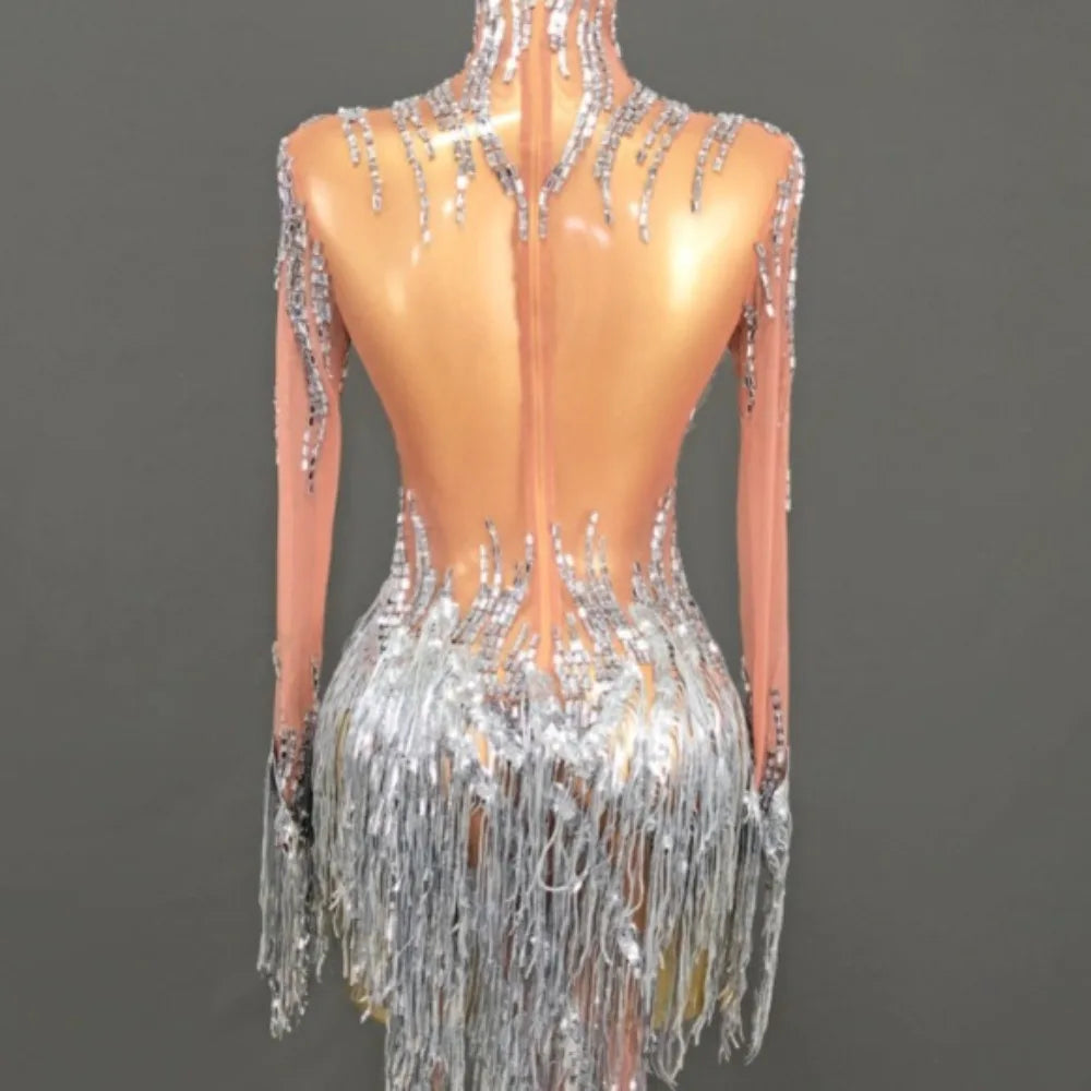 Golden Silver Rhinestone Tassel Dress