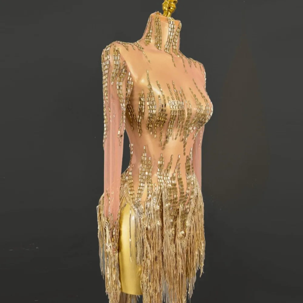 Golden Silver Rhinestone Tassel Dress