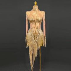 Golden Silver Rhinestone Tassel Dress